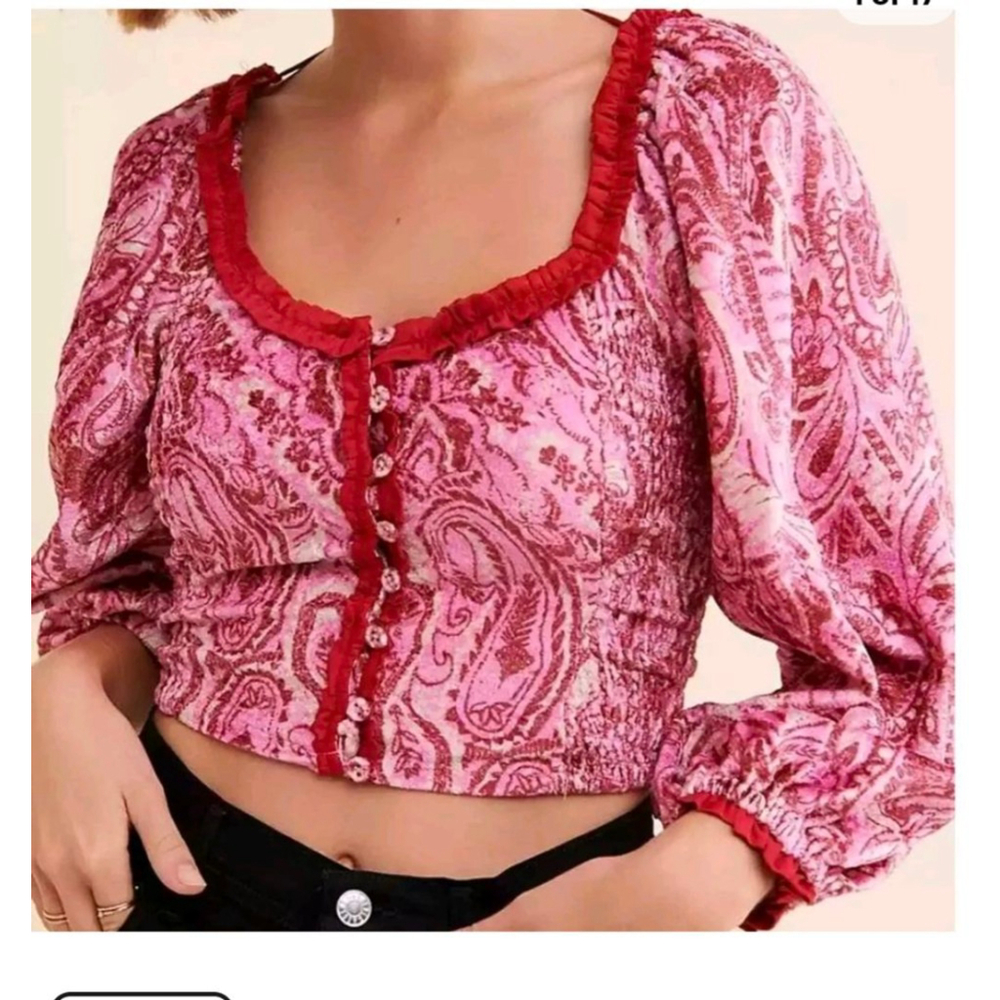 Free People Pink Red Paisley Long Sleeve Crop sz S festival Renaissance blouse